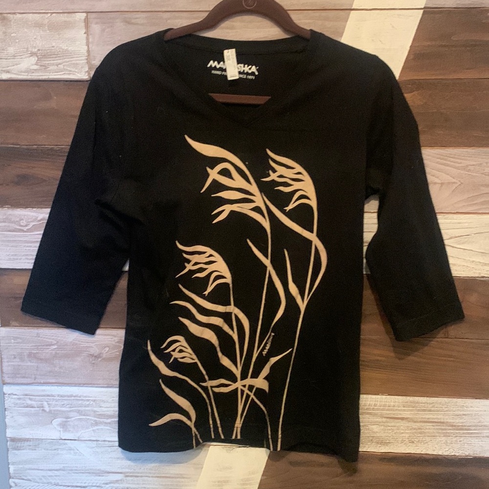 Black Marushka T-Shirt Hand Printed M Medium